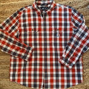 Carhartt Men’s XL Loose Fit Plaid Orange & Grey Button Down Long Sleeve Shirt